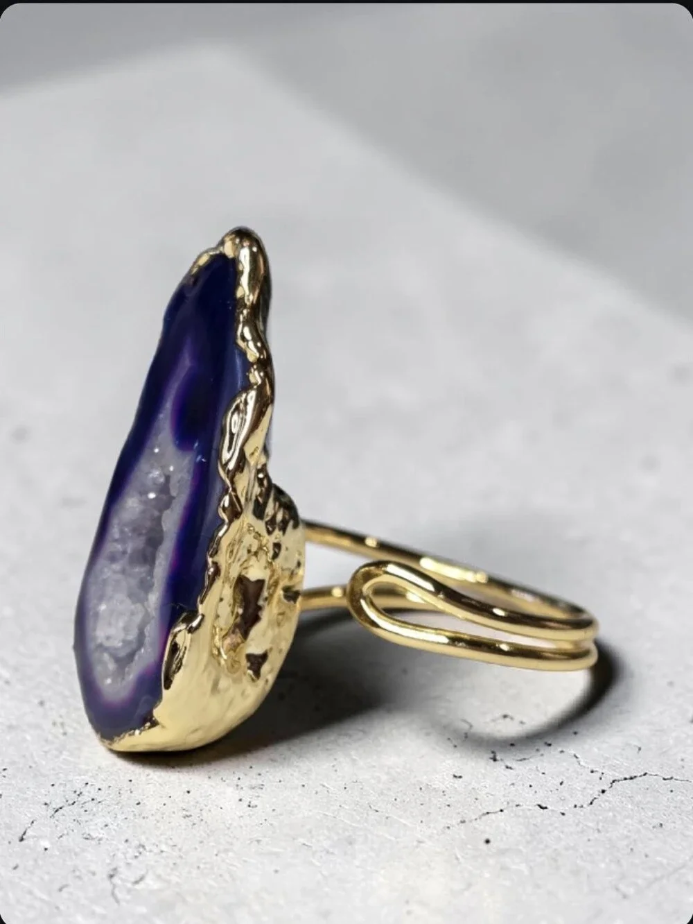 18k Gold Plated Artisan Genuine Deep Purple Agate Sugar Geode Druzy Ring